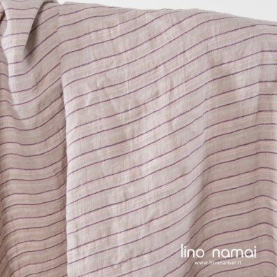 Rusvai pilkas lininis audinys rožiniais, violetiniais horizontaliais dryžiais