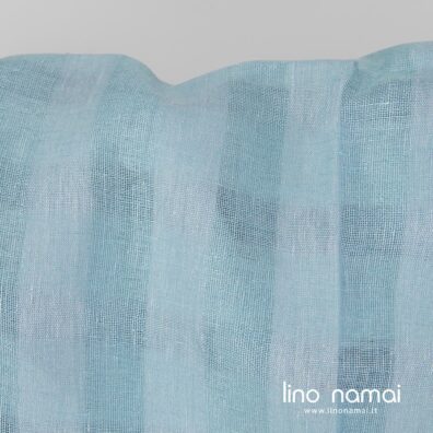 Lininis audinys žydras permatomas languotas užuolaidoms, šalikams