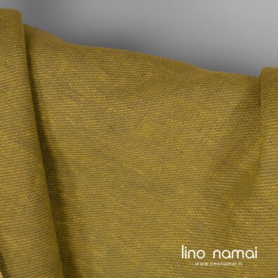 Lininis audinys geltonai žalias raštuotas drabužiams, namų tekstilei