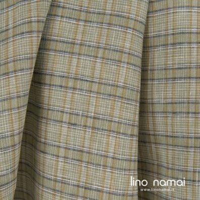 Žaliai languotas lino audinys drabužiams, namų tekstilei