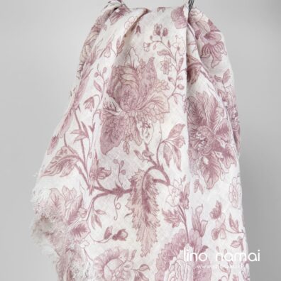 Lininė skara balta rožinėmis gėlėmis