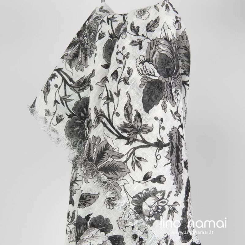 Juodai balta gėlėta lininė skara
