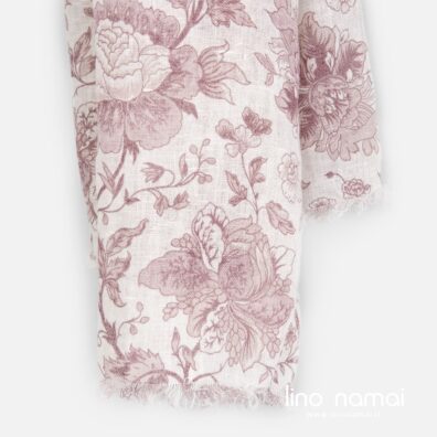 Lininis šalikas rausvomis gėlėmis su kutais