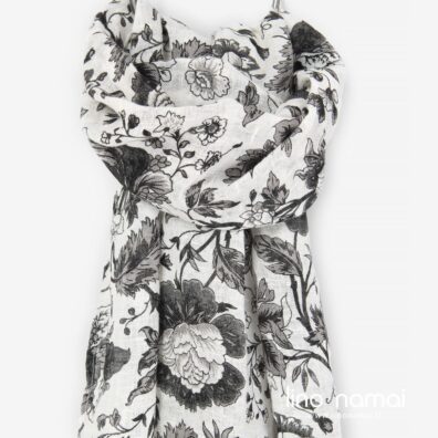 Gėlėtas lininis šalikas, juoda-balta