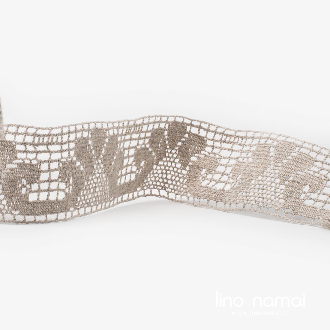 Lininis nėrinys natūraliai pilkas gėlių raštu