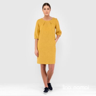 Lininė geltona trumpa suknelė