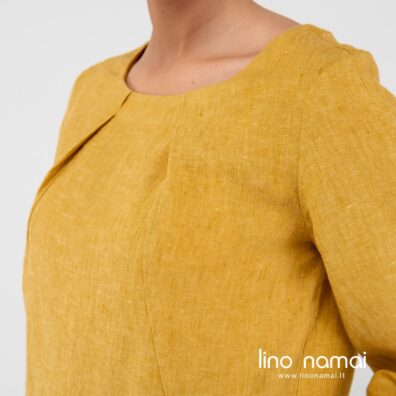 Lininė geltona suknelė su kklostelėmis, einančiomis žemyn nuo apvalios iškirptėsišenėmis