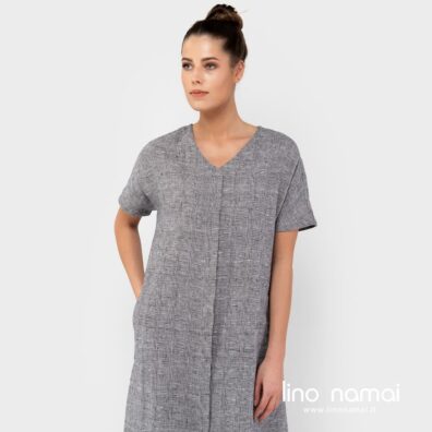 Lininė juodai-baltai languota suknelė su paslėptu užsegimu