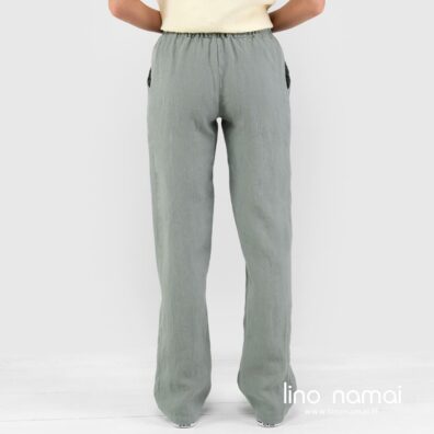 Lininės kelnės žalsvai pilkos, nugaros pusė