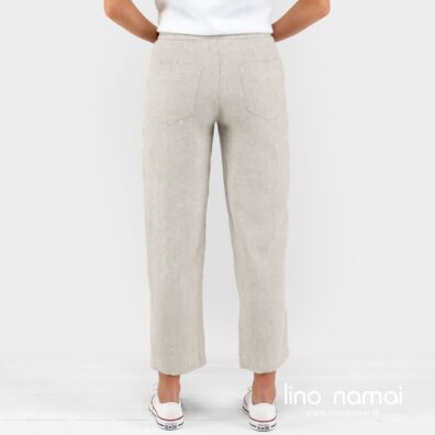 Plačios, laisvos šviesiai pilkos lininės kelnės