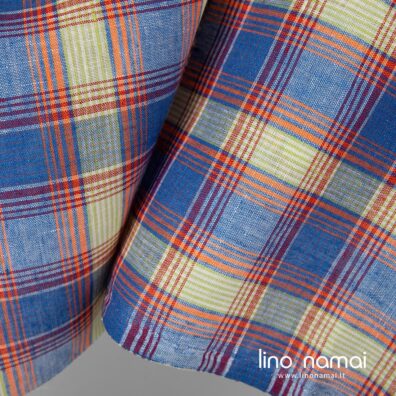 Mėlynai - oranžine spalva languotas lininis audinys