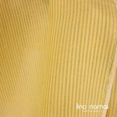 Geltonas dryžuotas lino audinys tankiomis ir retesnėmis juostelėmis