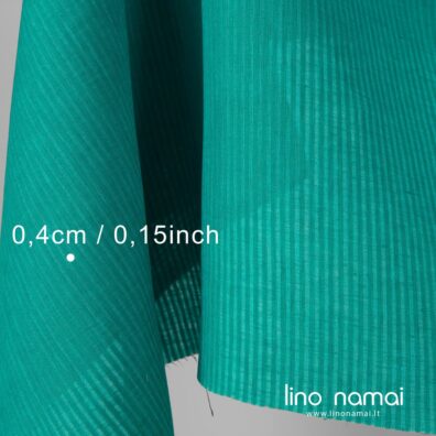 Žaliai-melsvai dryžuotas lino audinys drabužiams, namų tekstilei