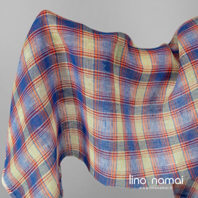 Permatomas lininis audinys mėlynais, oranžiniais langeliais