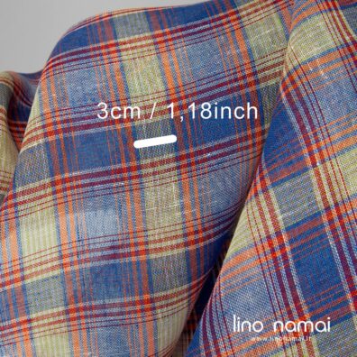 Retas lino audinys mėlynais, oranžiniais, žalsvais, raudonais langeliais