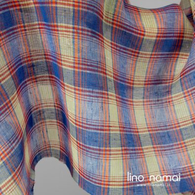 Permatomas mėlynai languotas lino audinys