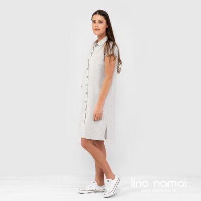 Lininė balta dryžuota suknelė trumpom rankovėm