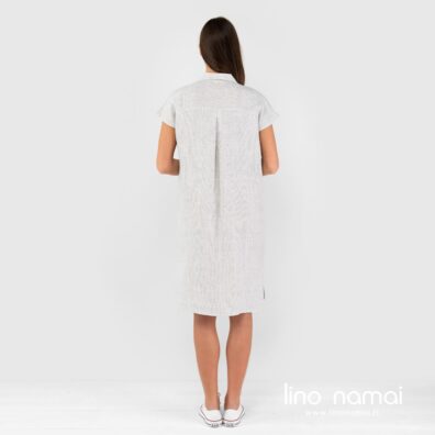 Lininė balta dryžuota suknelė, nugaros pusė