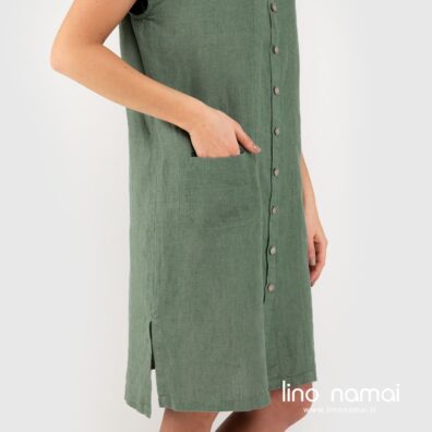 Lininė žalia suknelė su kišenėle šone