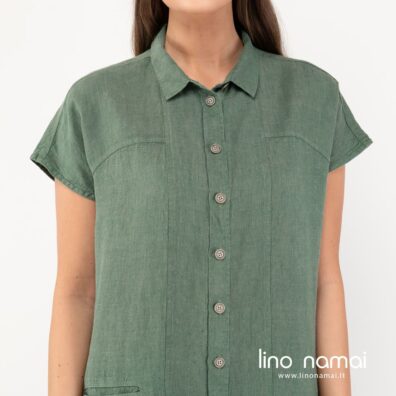 Lininė žalia suknelė susegama sagomis per visą ilgį