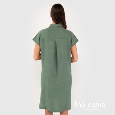 Lininė žalia suknelė, nugaros pusė