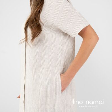 Lininė rusvai dryžuota suknelė su kišenėmis