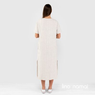 Lininė rusvai dryžuota suknelė su skeltukais šonuose