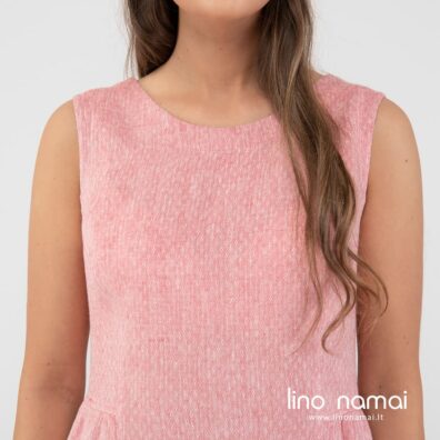 Lininė rausva suknelė barankovė, apvalia iškirpte