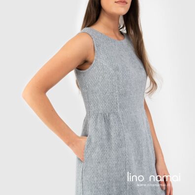 Pilka raštuota lininė suknelė su kišenėmis