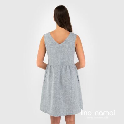 Pilka raštuota lininė suknelė dailiai paraukta nugaroje