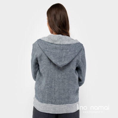 Lininis švarkas mėlynais dryžiukais, su gobtuvu