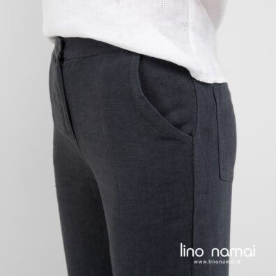 Lininės kelnės tamsiai pilkos, su kišenėmis