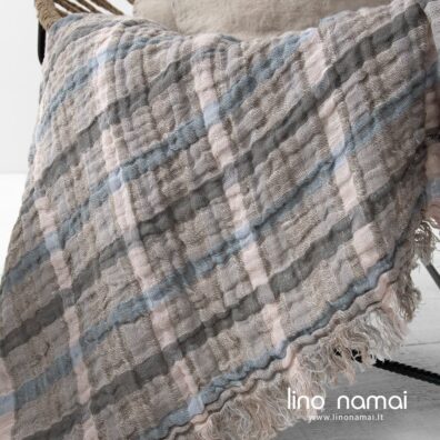 Lininio pledo audinys austas langeliais iš rusvai pilkų, melsvai pilkų, rožinių verpalų