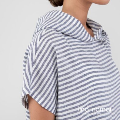 Lininis mėlynai dryžuotas paplūdimio pončas trumpomis rankovėmis