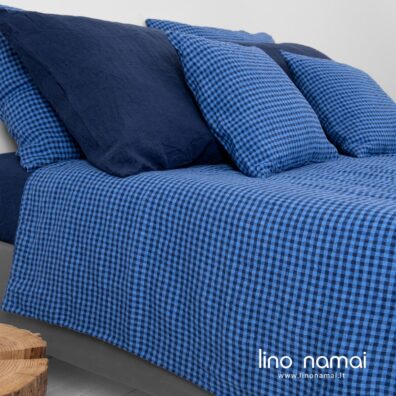 Lininis antklodės užvalkalas mėlynais langeliais KOLKA, tamsiai mėlynas užvalkalas PORTOFINO