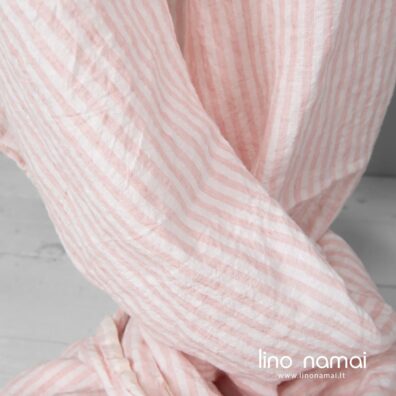 Rožinis dryžuotas minkštas lino audinys drabužiams, patalynei, staltiesėms