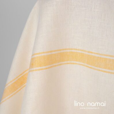 Gelsvas lino - medvilnės audinys geltonomis horizontaliomis juostomis