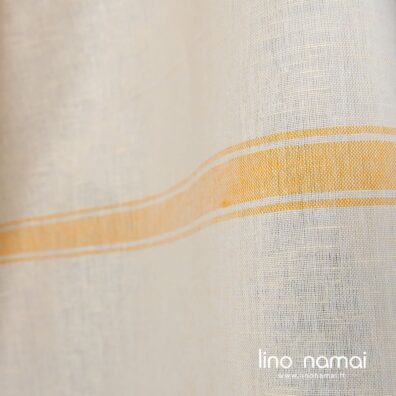 Puslininis gelsvas dryžuotas audinys drabužiams, namų tekstilei