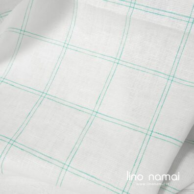 Lininis žaliai languotas audinys drabužiams, namų tekstilei