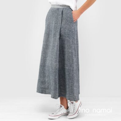 Lininis ilgas mėlynai dryžuotas sijonas su klostėmis priekyje, dryžuotu juosmeniu