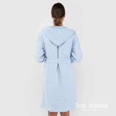 Melsvas lino - medvilnės chalatas su gobtuvu, nugaros pusė