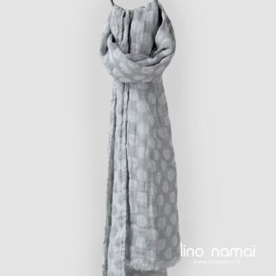 Minkštas, švelnus pilkas lino šalikas baltais burbuliukais