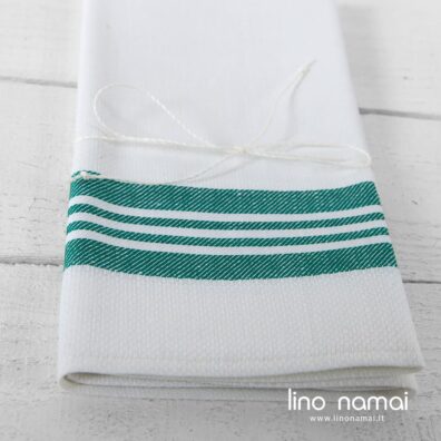 Žaliai - baltai dryžuotas puslininis virtuvinis rankšluostukas