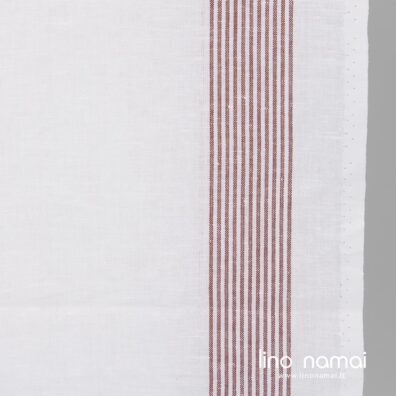 Baltas lino-medvilnės audinys rudomis juostelėmis virtuvės rankšluostukams siūti