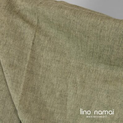 Puslininis audinys žalias melanžinis drabužiams, namų tekstilei