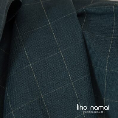 Pilkai mėlynas lino - medvilnės audinys žalsvai pilkais langeliais