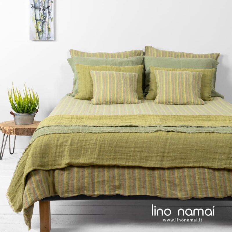 BAMBOO lininė skalbta patalynė žaliais dryžiais