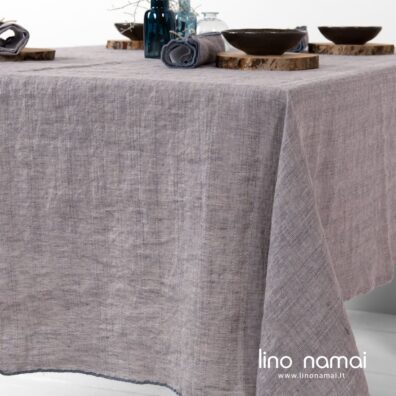 Melanžinė rusvai violetinė lininė staltiesė su dryžiukais