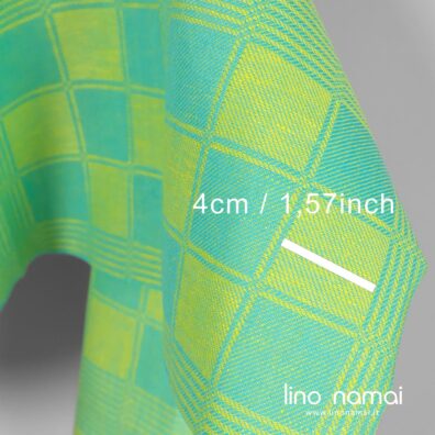 Languotas lino-medvilnės audinys iš neoninės geltonos ir turkio spalvos verpalų