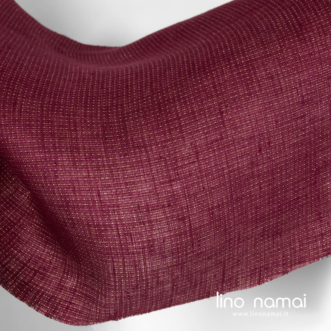 Lininis tamsiai raudonas blizgantis audinys drabužiams, užuolaidoms, staltiesėms, servetėlėms